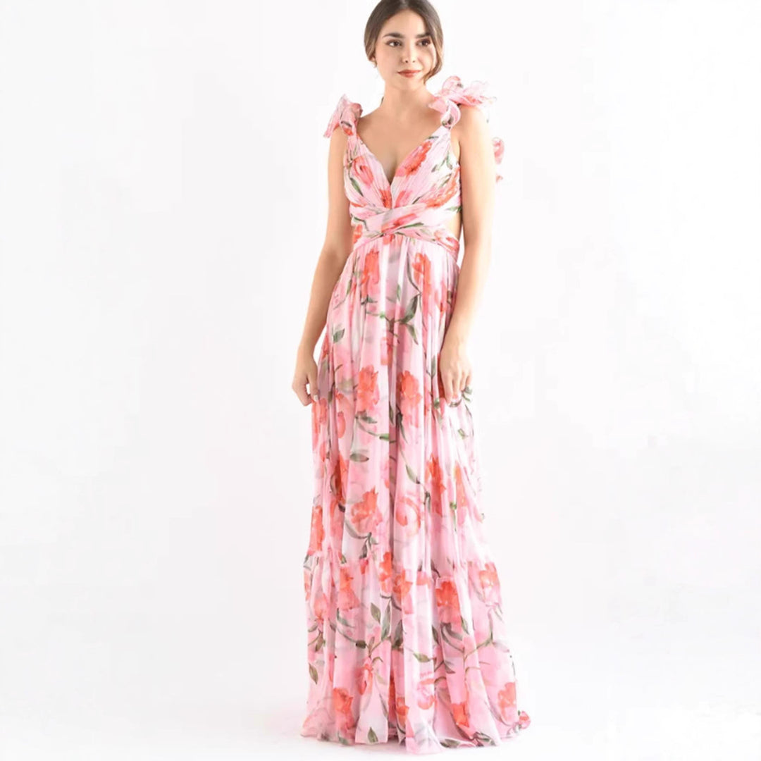 Damen Maxikleid mit blumiger Eleganz und verspielten Rüschendetails Drune