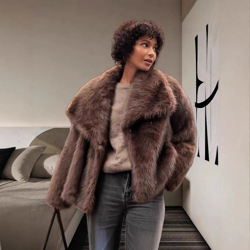 Damen Luxuriöse Kunstpelzjacke mit breitem Kragen Drune