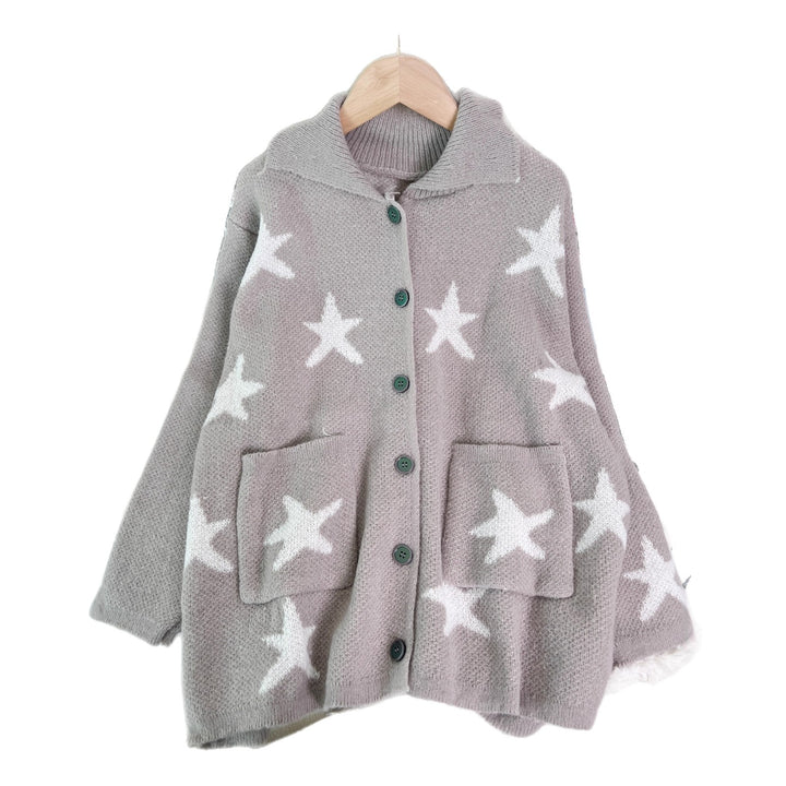 Damen lässige Strickjacke mit Sternenmotiv und Taschen Drune