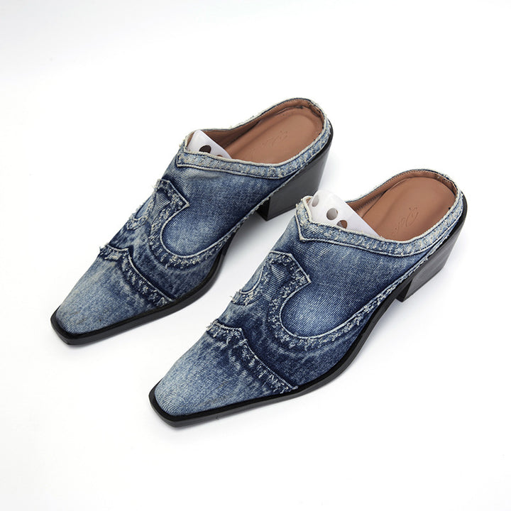 Damen nan Jeans-Slipper mit spitzer Zehenkappe, fransiger Kantenverarbeitung und mittelhohem Blockabsatz Drune