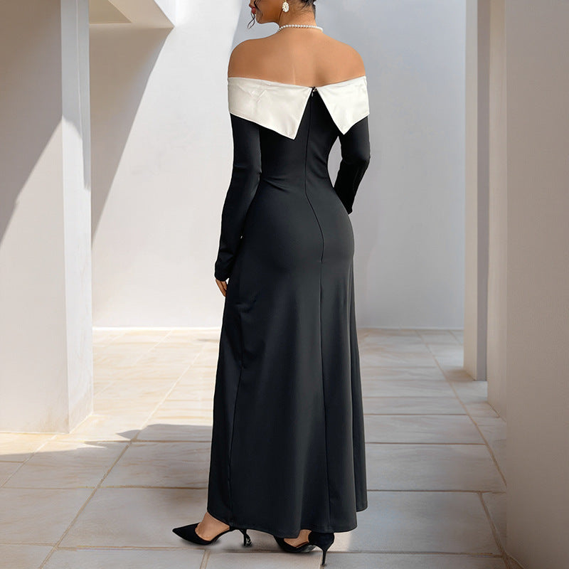 Damen elegantes Off-Shoulder-Maxi-Kleid mit seitlichem Schlitz und langen Ärmeln Drune