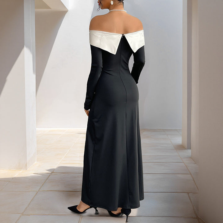 Damen elegantes Off-Shoulder-Maxi-Kleid mit seitlichem Schlitz und langen Ärmeln Drune