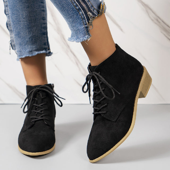 Damen nan knöchelhohe Schnürstiefelette aus Veloursoptik mit seitlichem Reißverschluss und niedrigem Blockabsatz Drune