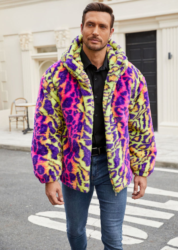 Herren Plüschjacke mit auffälligem Tierprint und Kapuze Drune