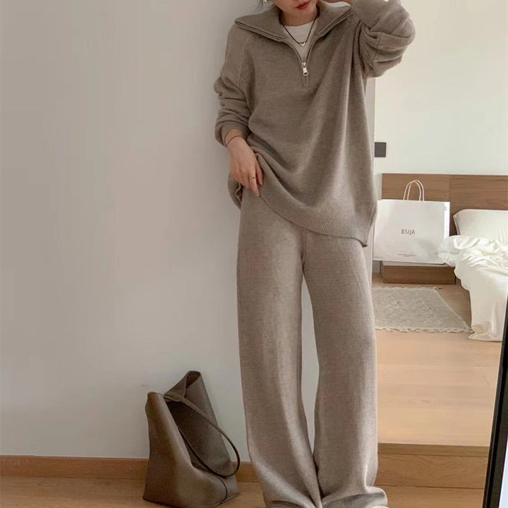 Damen Lässiger Strickanzug mit hohem Kragen und Reißverschluss Drune