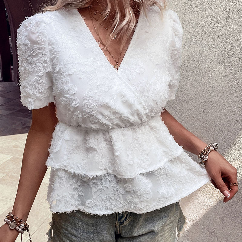Damen Bluse mit Rüschendetails und femininem V-Ausschnitt Drune