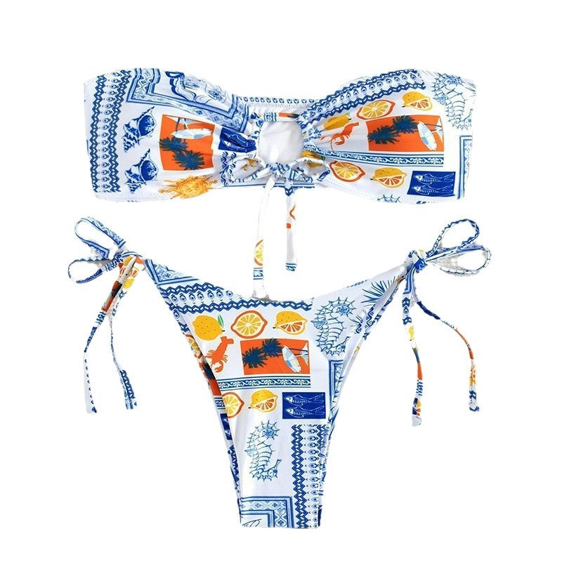 Damen Bandeau-Bikini mit floralen Mustern und raffinierten Bindebändern Drune