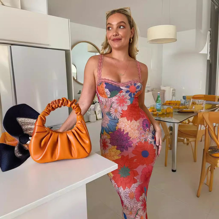 Damen Blumen-Midi-Kleid mit Spitzenträgern und figurbetontem Schnitt Drune