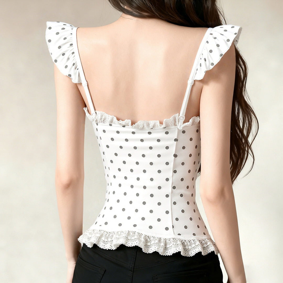 Damen Spitzen-Corsage mit verspieltem Punktdesign und Rüschendetails Drune