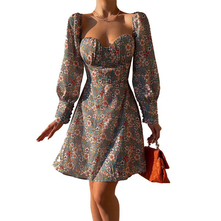Damen Puffärmel Kleid mit romantischem Blumenmuster und herzförmigem Ausschnitt Drune