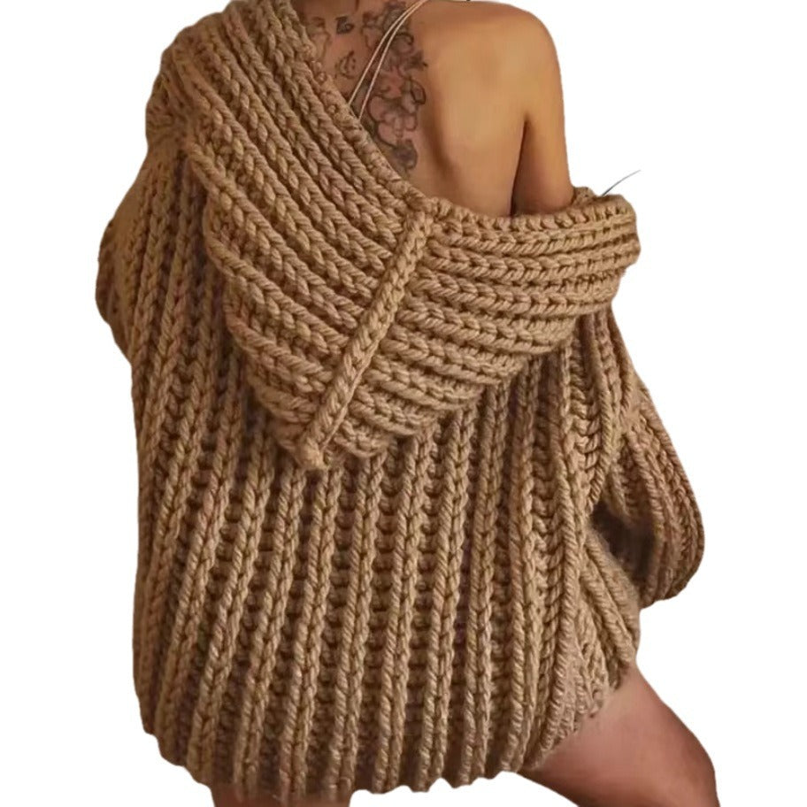 Damen Grobstrick-Hoodiejacke mit oversized Passform und tiefem Kragen Drune