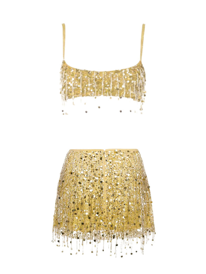 Damen Glitzerndes Crop-Top und Minirock-Set mit Fransen Drune