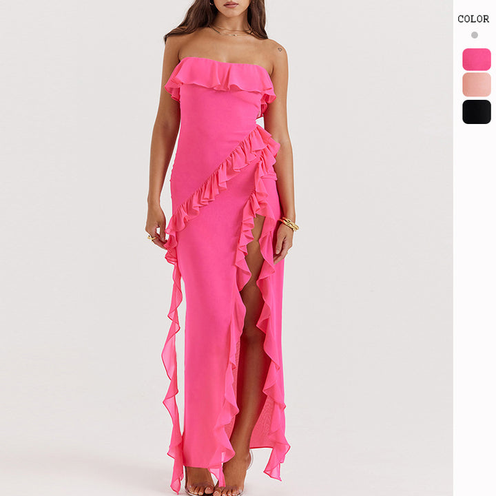 Damen Off-Shoulder Maxikleid mit Rüschen und Schlitz Drune