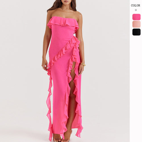Damen Off-Shoulder Maxikleid mit Rüschen und Schlitz Drune