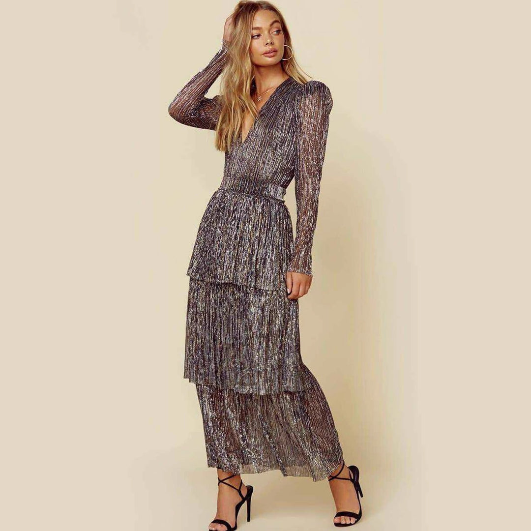 Damen Plissiertes Abendkleid mit schimmerndem Effekt und langen Ärmeln Drune