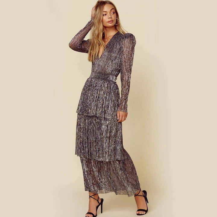 Damen Plissiertes Abendkleid mit schimmerndem Effekt und langen Ärmeln Drune