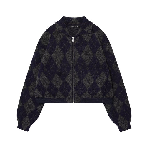 Damen modische Karojacke mit hohem Kragen und Reißverschluss Drune