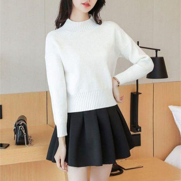 Damen lässiger Strickpullover mit hohem Kragen und feinen Rippdetails Drune