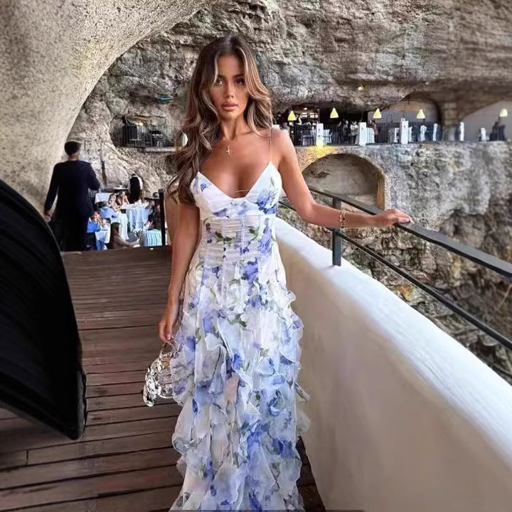 Damen Fließendes Chiffon Maxikleid mit Rüschendetails und floralen Akzenten Drune