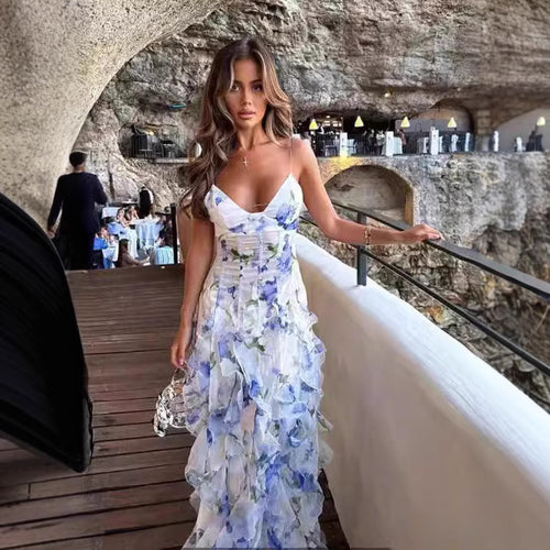 Damen Fließendes Chiffon Maxikleid mit Rüschendetails und floralen Akzenten Drune