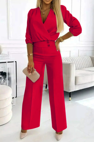 Damen eleganter Jumpsuit mit Wickeloberteil und hochtaillierten Beinen Drune