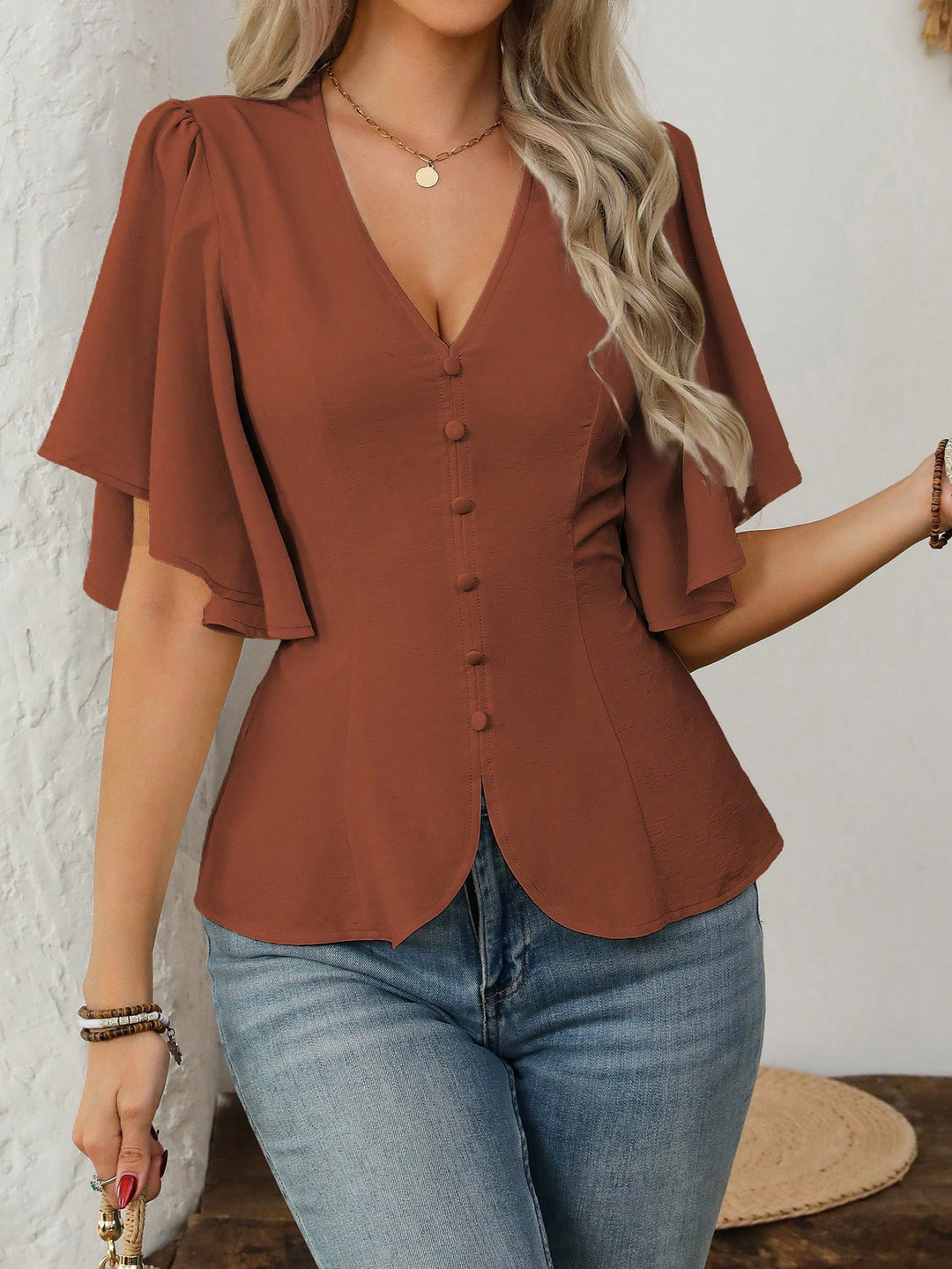 Damen elegante Bluse mit Glockenärmeln und Knopfdetail Drune