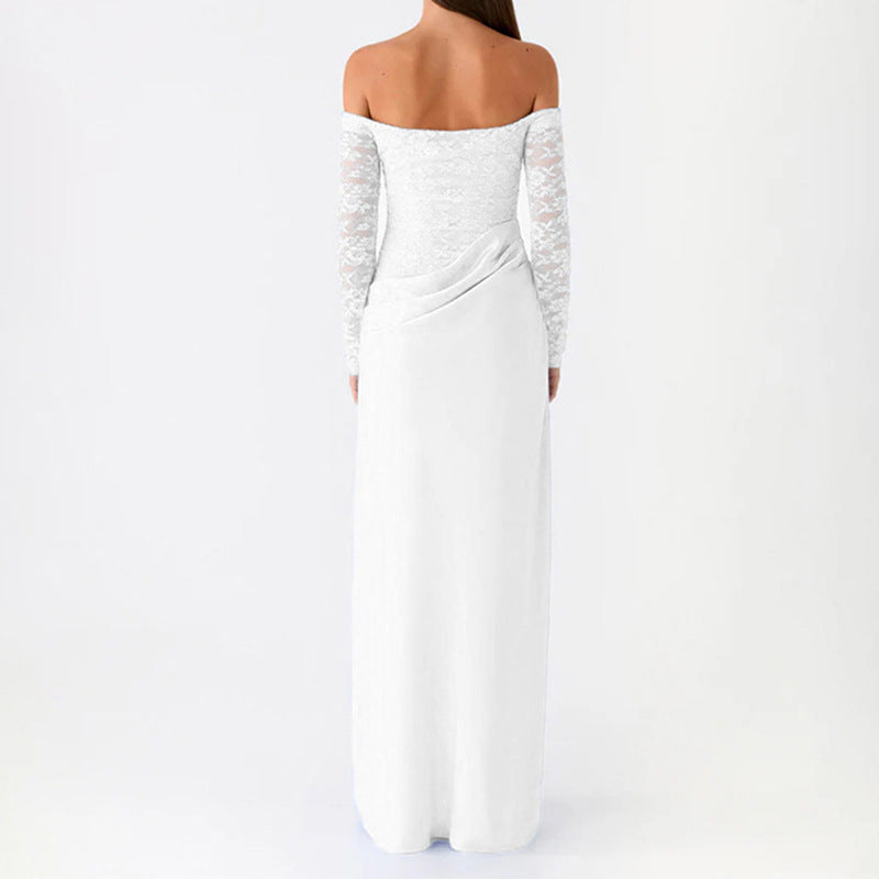 Damen Elegantes Hochzeitskleid mit schulterfreiem Ausschnitt und Spitzenärmeln Drune