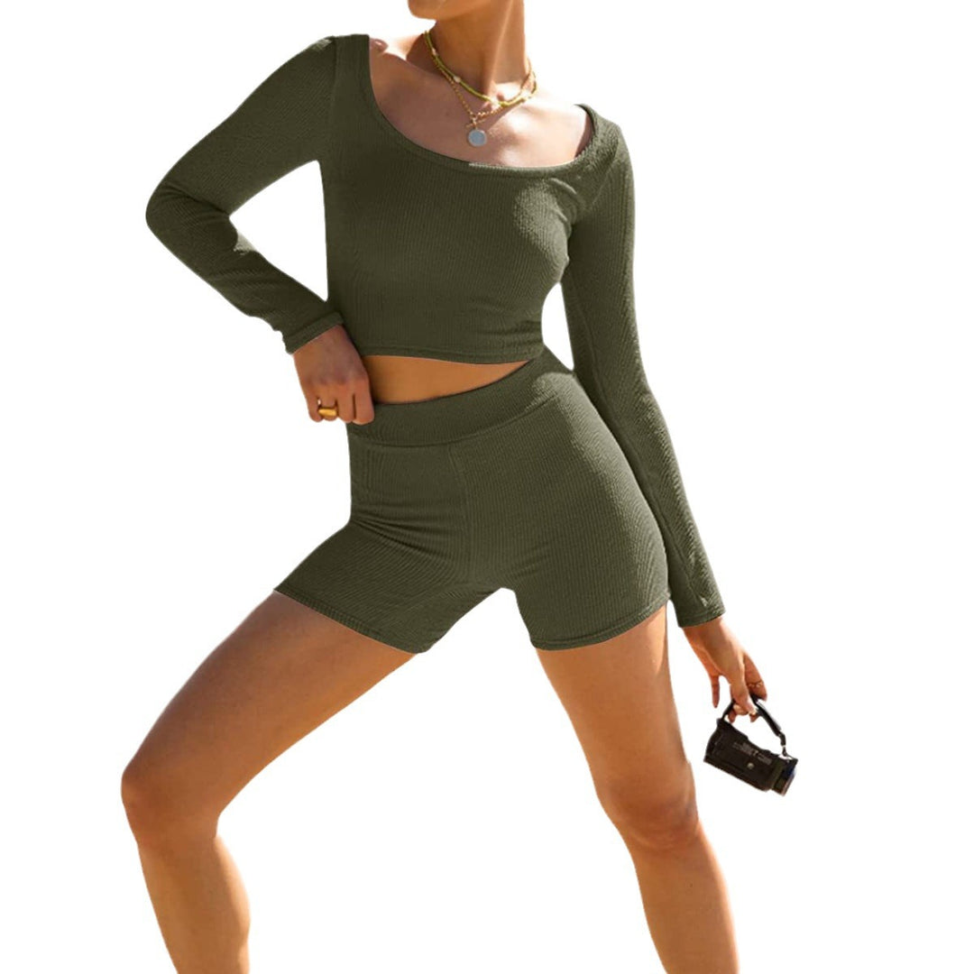 Damen modisches Crop-Top und Shorts-Set mit langen Ärmeln Drune