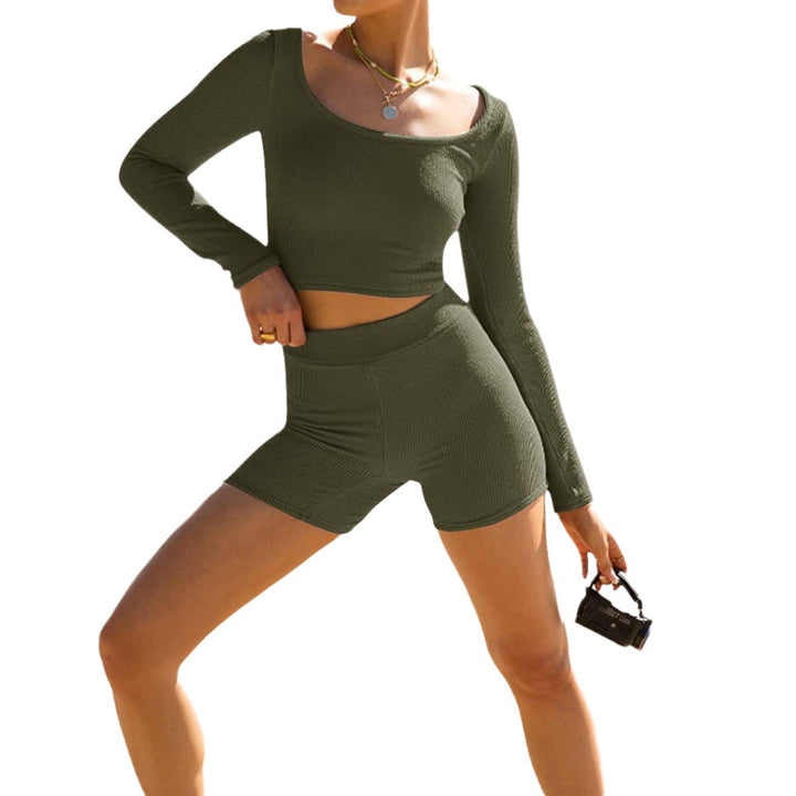 Damen modisches Crop-Top und Shorts-Set mit langen Ärmeln Drune