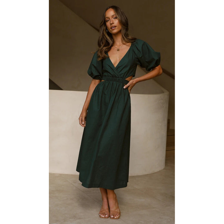 Damen Maxikleid mit elegantem V-Ausschnitt und puffärmeligen Details Drune