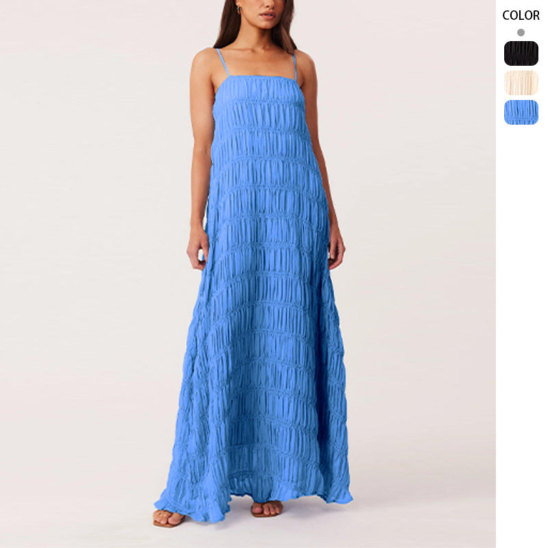 Damen Maxikleid mit romantischem Faltenstruktur und zarten Spaghettiträgern Drune