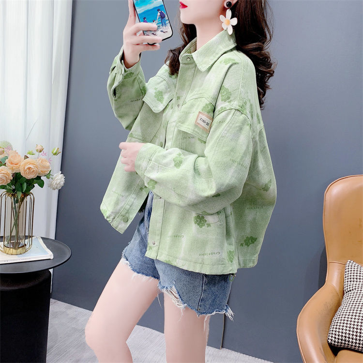 Damen Lässige Denimjacke mit floralem Print Drune
