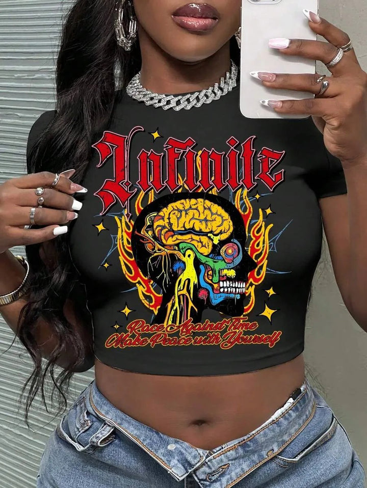Damen Crop-Top mit künstlerischem Statement-Druck Drune
