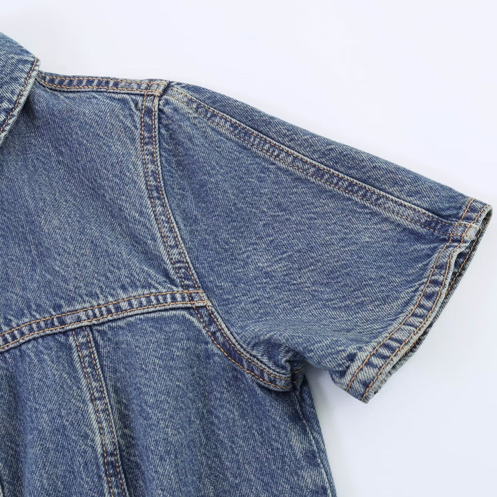 Damen Jeanskleid mit Taillengürtel und Kurzarm Drune