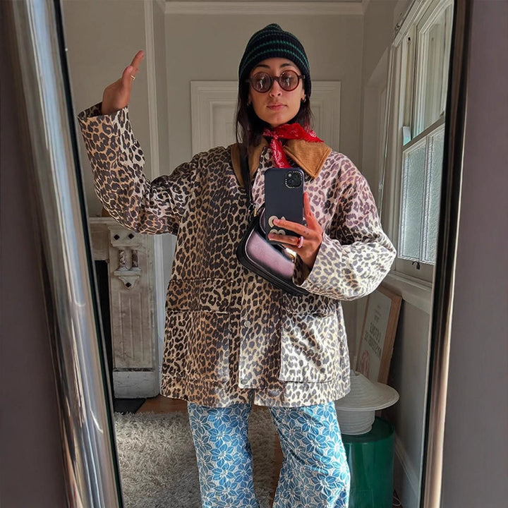 Damen modische Leopardenjacke mit funktionalen Taschen und umschlagbarem Kragen Drune