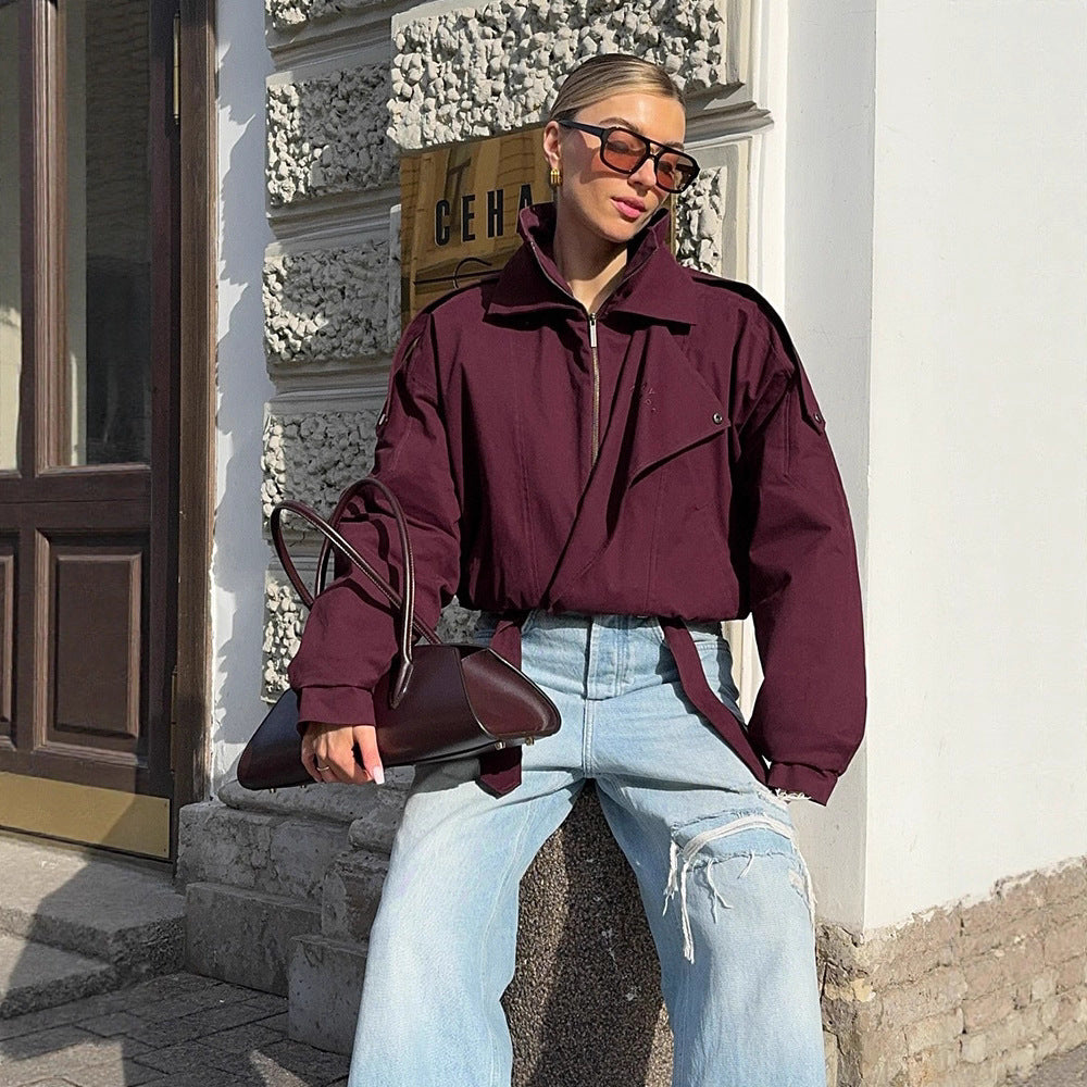 Damen oversized Übergangsjacke mit hohem Kragen und Bindegürtel Drune