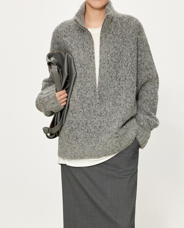 Damen Grobstrickpullover mit hohem Kragen und halber Reißverschluss Drune