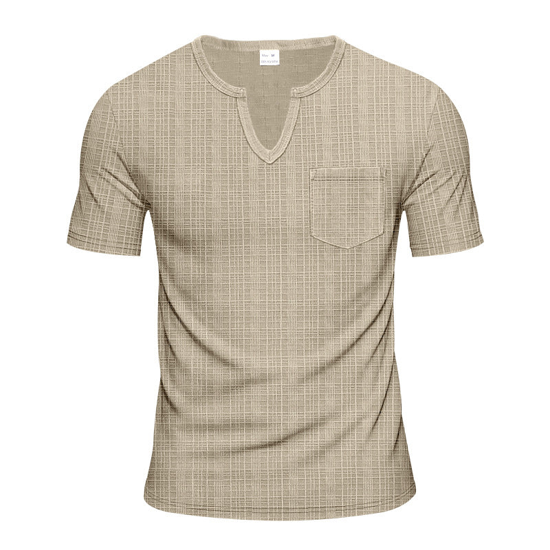 Herren nan Kurzarmshirt mit geschlitztem V-Ausschnitt strukturierter Leinenoptik und aufgesetzter Brusttasche Drune