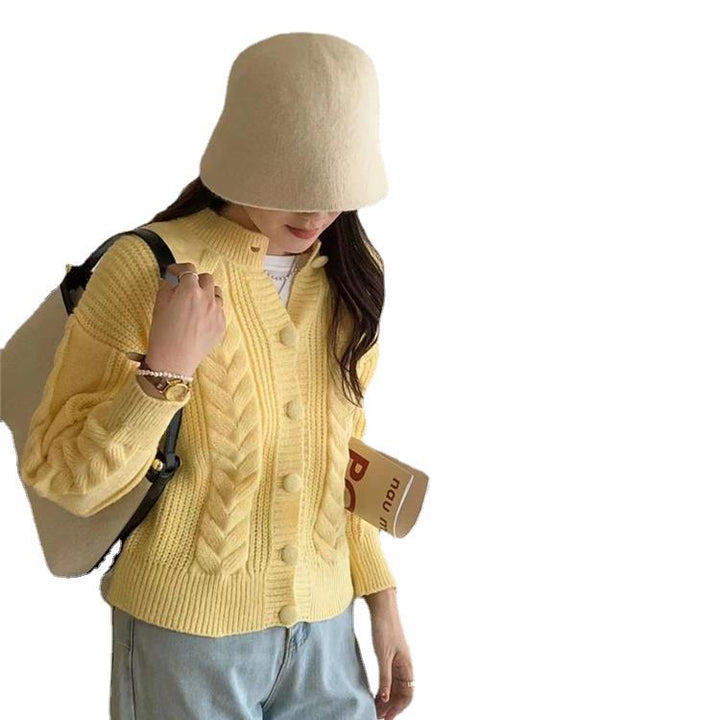 Damen gemütlicher Strickcardigan mit geflochtenem Muster und großen Knöpfen Drune