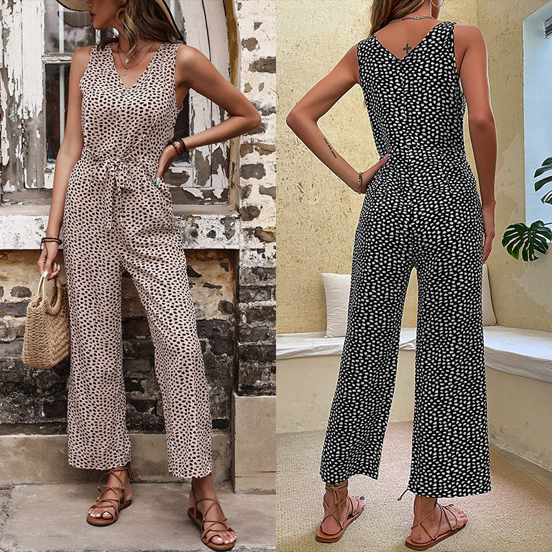 Damen lässiger Jumpsuit mit modernen Punkten und elastischem Taillenzug Drune