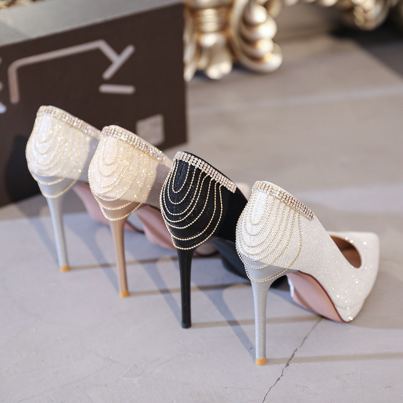 Damen nan elegante Abend-Pumps mit feinem Glitzermesh, spitzer Zehenpartie, filigranem Stilettoabsatz und dekorativer Fersenapplikation Drune