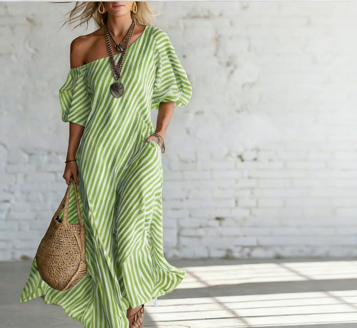 Damen Maxikleid mit asymmetrischem Schnitt und auffälligen Streifen Drune