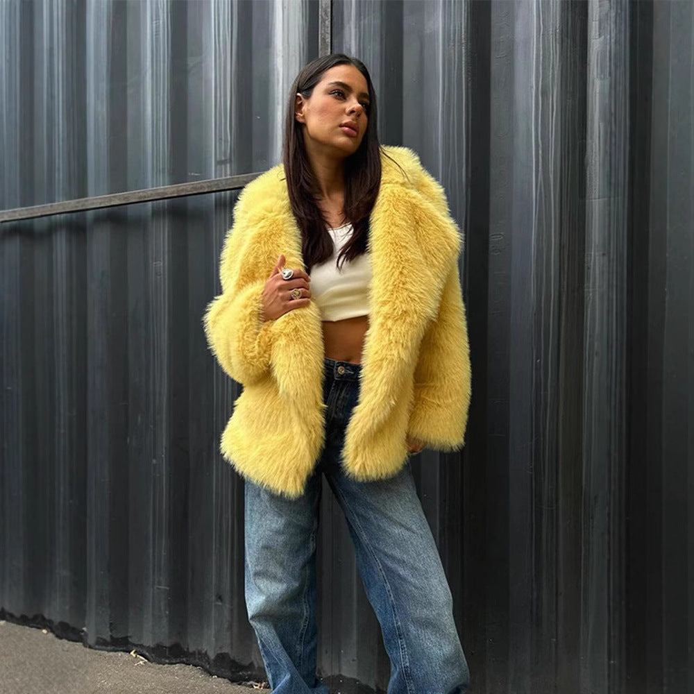 Damen flauschige Teddyjacke mit breitem Kragen und seitlichen Eingrifftaschen Drune