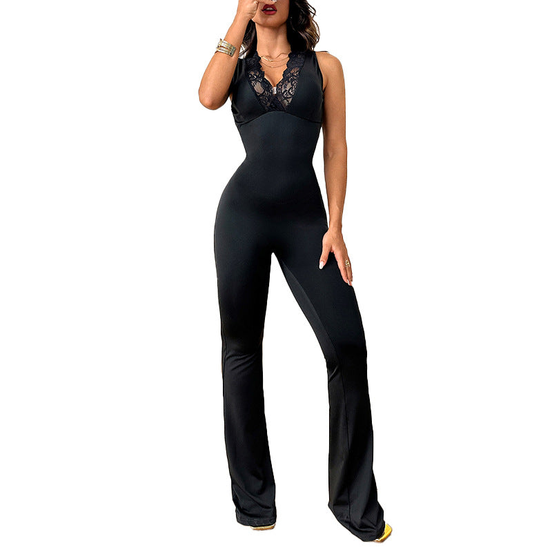 Damen Eleganter Jumpsuit mit Spitzenbesatz und ausgestelltem Bein Drune