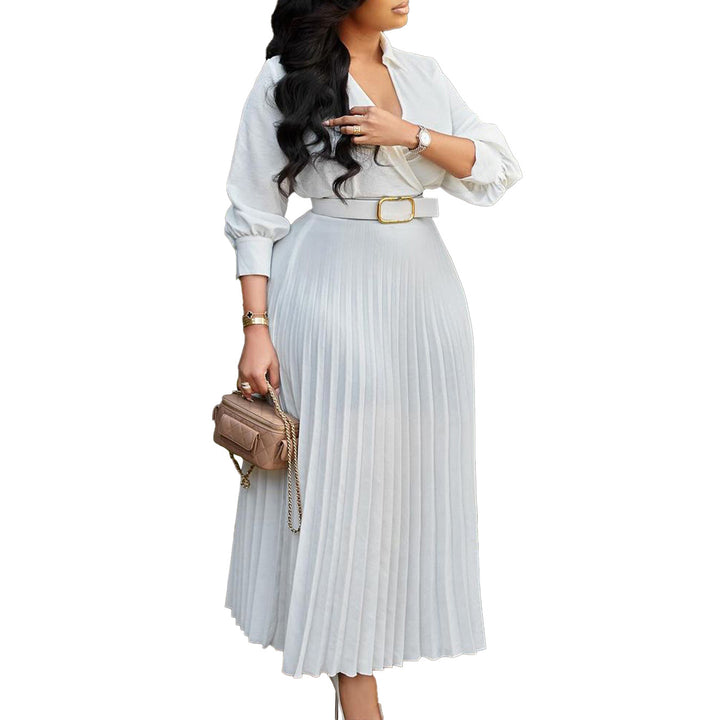 Damen Plissee Hemdkleid mit eleganter Taillierung und abnehmbarem Gürtel Drune
