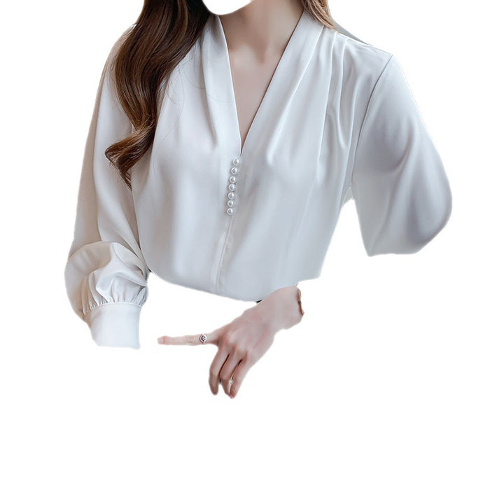 Damen elegante Bluse mit Rüschenärmeln und perlverzierten Knöpfen Drune