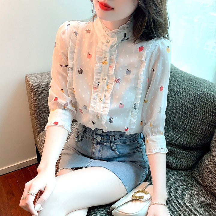 Damen Bluse mit floralem Design und gerafften Ärmeln Drune