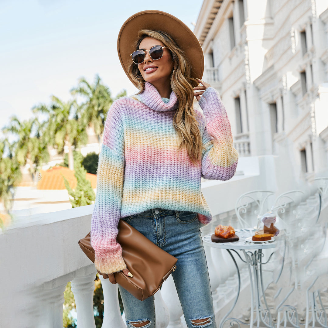Damen trendiger Pullover mit weitem Rollkragen und einem bunten Wellenmuster Drune