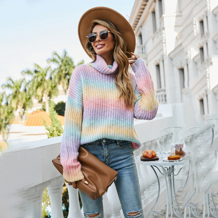 Damen trendiger Pullover mit weitem Rollkragen und einem bunten Wellenmuster Drune