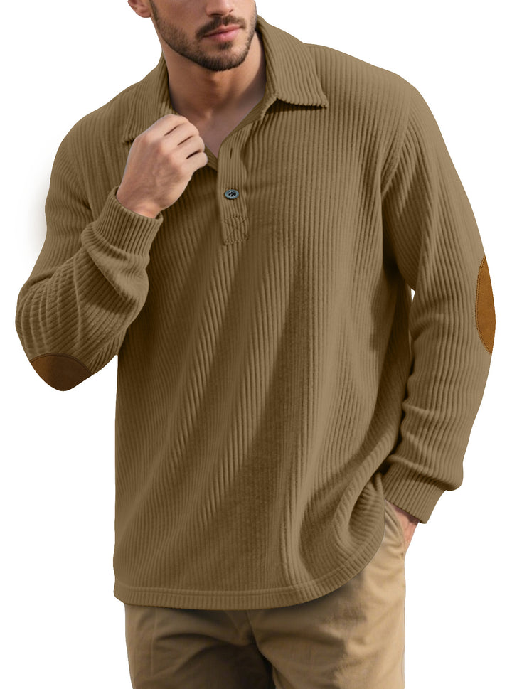 Herren nan gerippter Freizeit-Polo mit Kentkragen, kurzer Knopfleiste und Velours-Ellenbogenpatch Drune